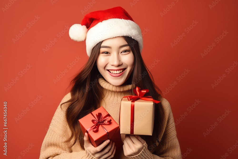 Cute trendy hipster asian woman is ready for Christmas party. Santa hats. Cute trendy hipster asian woman is ready for Christmas party. Santa hats.