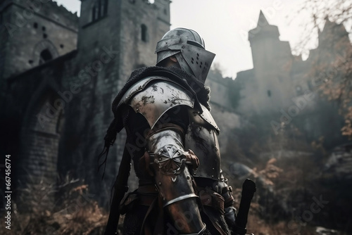 Knight in steel armor standing in old ruined castle generative ai