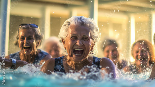 Active senior women in aqua fit class, joy and camaraderie,generative ai © LomaPari2021