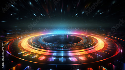 Colorful bstract technology background pink blue and orange color on dark, futuristic, glowing light and spectrum pattern, 3D illustration.