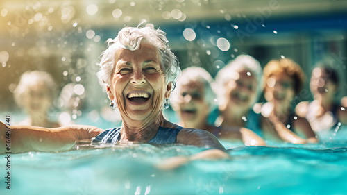Active senior women in aqua fit class, joy and camaraderie,generative ai © LomaPari2021
