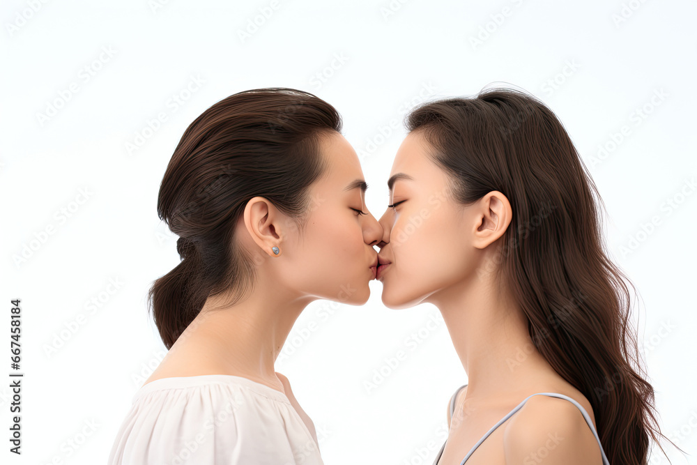 A beautiful homosexual lesbian asian couple kissing and looking in each others eyes.