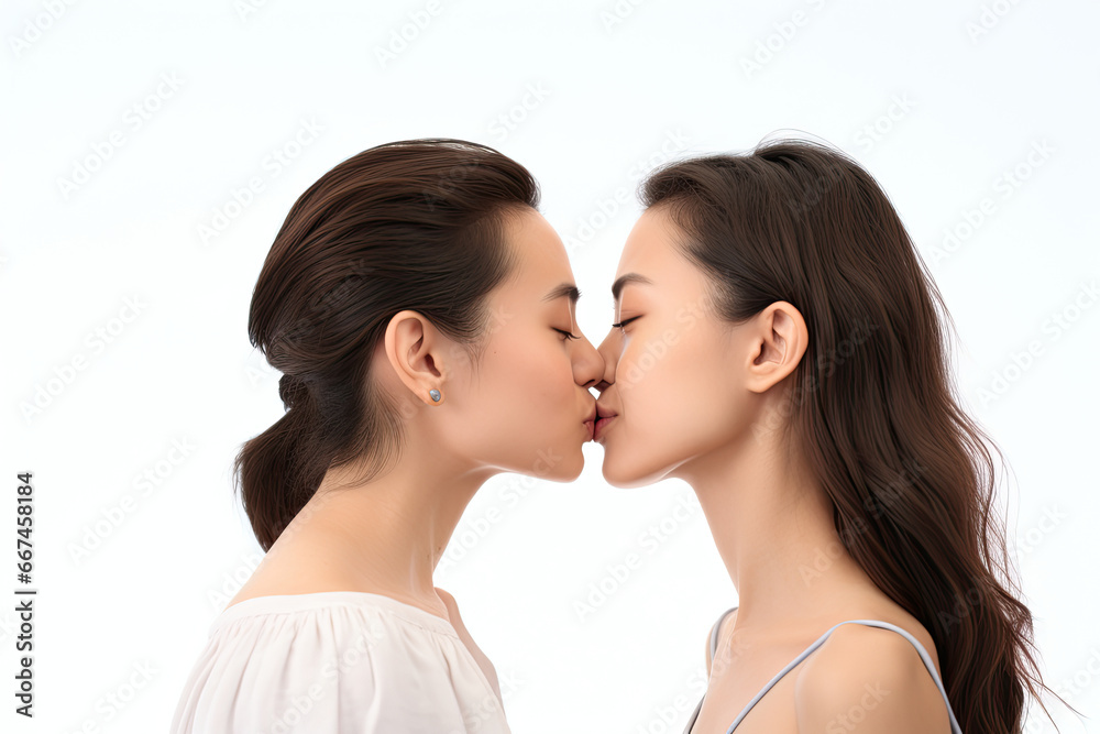 A beautiful homosexual lesbian asian couple kissing and looking in each others eyes. A beautiful homosexual lesbian asian couple kissing and looking in each others eyes.