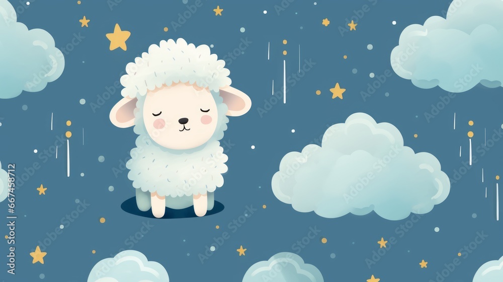 Sheep sleeping on a cloud on a starry night