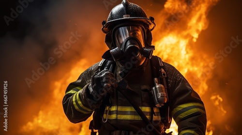 firemen wearing protective mask trying to stop the huge fire from burning a house