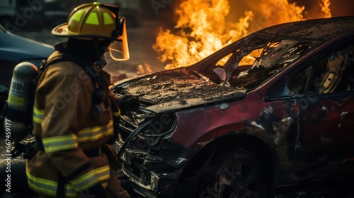  fire men extinguishing and put out burning car crash after road traffic incident, fire fighting operation in the night city, firefighters with fire engine truck vehicle, emergency and rescue