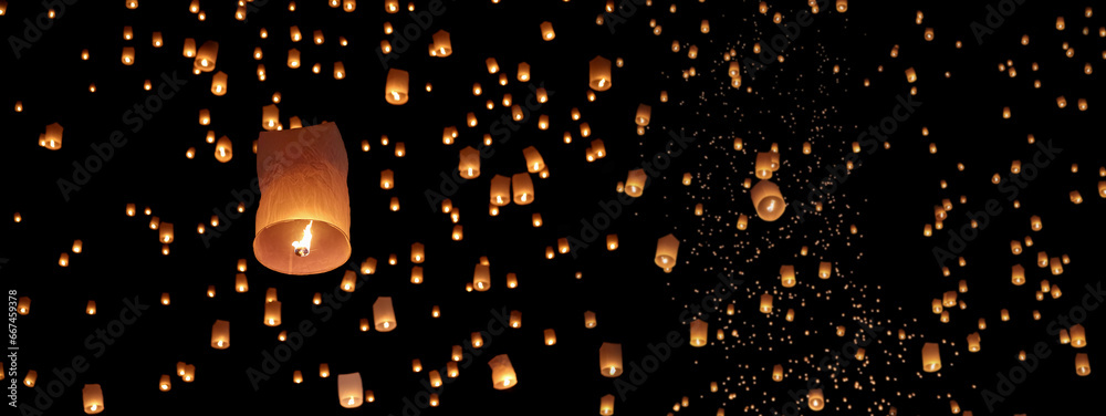 Tourist floating sky lanterns in Loy Krathong festival , Chiang Mai ,Thailand. - obrazy, fototapety, plakaty 
