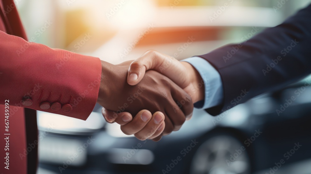 Businessman shaking hand with car dealer, blur car background 