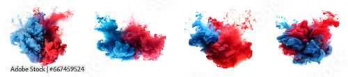 Set of red and blue acrylic ink colored smoke watercolor splashes, Abstract background. Color explosion elements for design, isolated on white and transparent background