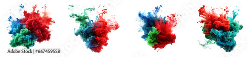 Set of red green blue acrylic ink colored smoke watercolor splashes, Abstract background. Color explosion elements for design, isolated on white and transparent background