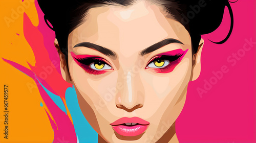 Captivating illustration in pop art style of an Asian woman, very colorful illustration with bright colors 1