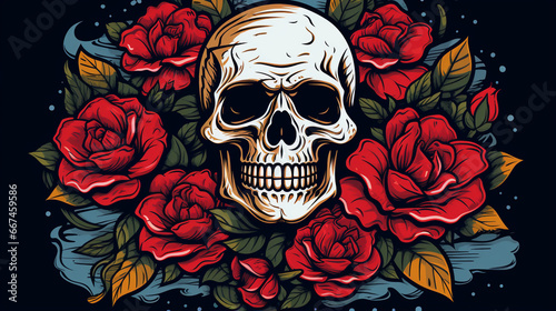 illustration in pop-art style of skulls with flowers and leaves on black background 3