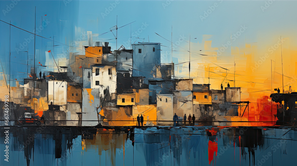 an artistic painting depicts a city in a colorful yellow background, in the style of bronze and blue an artistic painting depicts a city in a colorful yellow background, in the style of bronze and blue