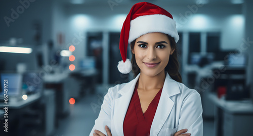 Female doctor smiling and looking at camera wearing a Santa Claus cap working on the New Year and Christmas holidays photo