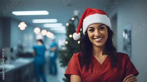 Female doctor smiling and looking at camera wearing a Santa Claus cap working on the New Year and Christmas holidays photo
