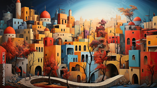 an artistic painting depicts a city in a colorful yellow background, in the style of bronze and blue