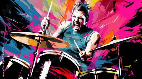 Drummer immersed in vibrant pop art, eyes closed, mouth agape, riding the energetic rhythm 3