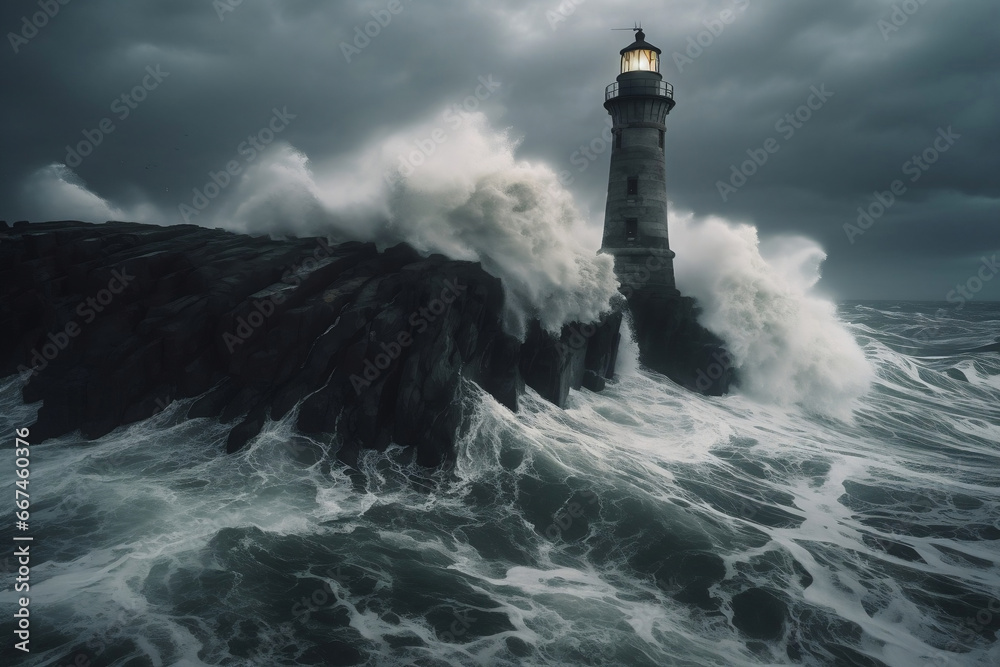 Lighthouse on rocky cliff at sea storm generative ai