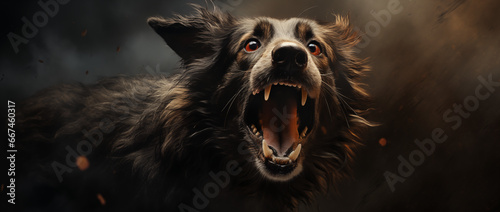 Funny portrait of a happy dog with open mouth on dark background