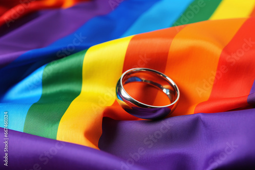 A marriage ring resting on an LGBTQ+ pride flag. photo