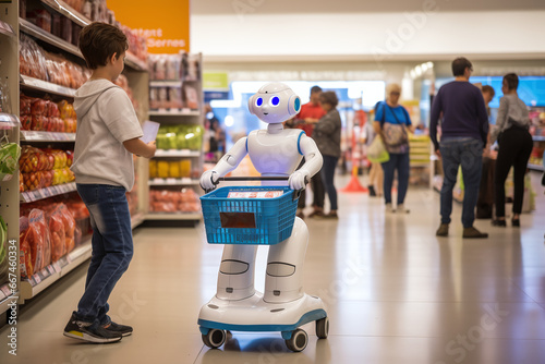 A boy in a supermarket loads items into a shopping basket attached to a humanoid robot with large cartoon-like eyes. Other customers are visible in the background, slightly blurred. photo