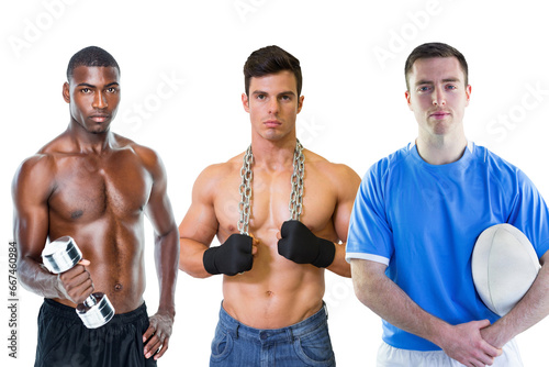 Digital png photo of diverse sportsmen with sport tools on transparent background