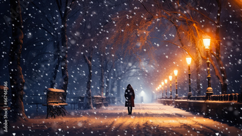 Walk Along a Snowy Illuminated Street in the Snowfall © LadyAI