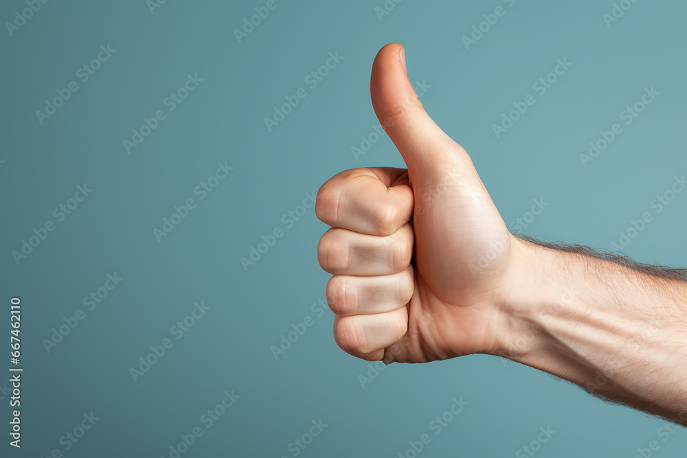 Generative AI Image of Hand Raising Thumb Up on Blue Background