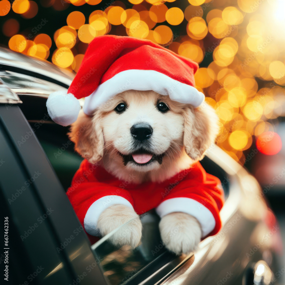Cute dog in a Santa Claus costume leaning out of a car window enjoying Christmas blurred bokeh lights.