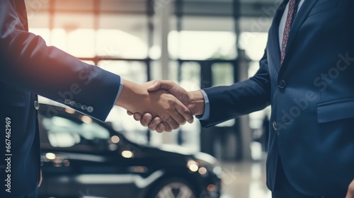 Car dealer shaking hands with customer in car shop
