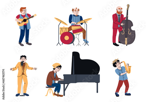 Men playing different instruments. Jazz musicians in doodle style.
