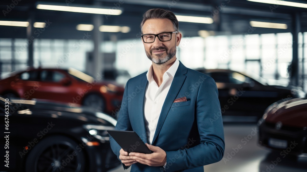 Assistant in vehicle search. Portrait of a handsome young car sales man in formalwear holding a clipboard and looking at camera in a car dealership