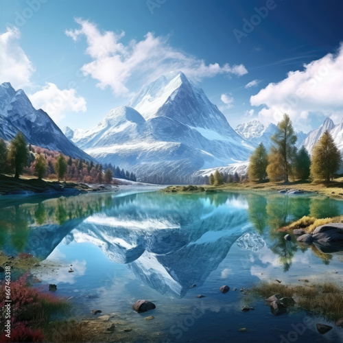 Mountain landscape with snow-capped peaks, lake with reflection of mountains and forest