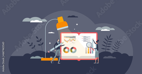 Finance and portfolio optimization as investment review tiny person concept. Use mathematical approach to making investing decisions vector illustration. Document of company assets and valuation.