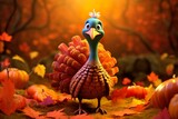 Thanksgiving background with little cute happy turkey autumn background illustration with pumpkin and leaves
