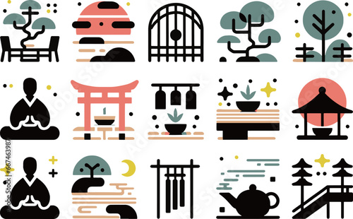 Zen Japanese spiritual meditaion icon set. Vector illustration. Generative AI.