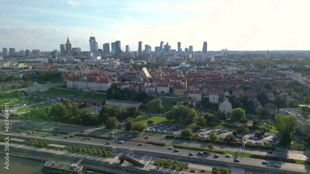 Aerial panorama of Warsaw, Poland over the Vistual river and City center in a distance Old town. Downtown skyscrapers cityscape. Business Aerial panorama of Warsaw, Poland over the Vistual river and City center in a distance Old town. Downtown skyscrapers cityscape. Business