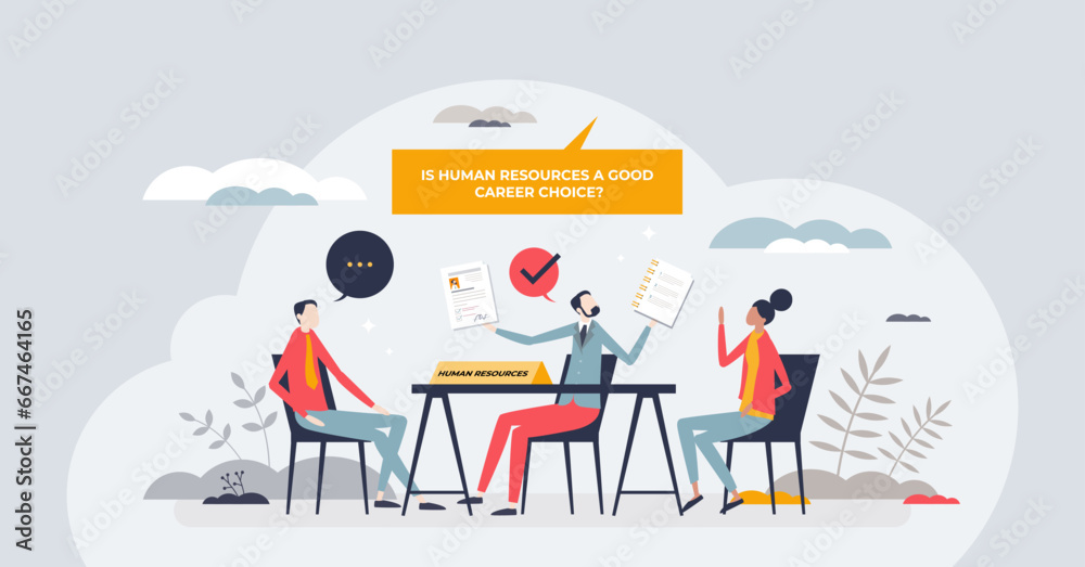 Is human resources good job to plan professional future tiny person concept. Career strategy and life choice for employment vector illustration. Occupation options in HR and recruitment business.