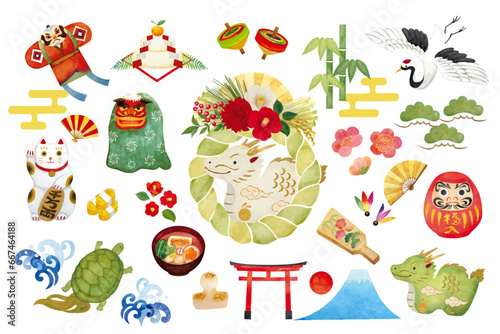 水彩手書きのお正月の素材セット