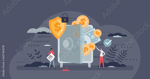 Financial security as safe money digital wallet deposit tiny person concept. Bank assets in safe vector illustration. Online payment with identity and personal bank account information protection