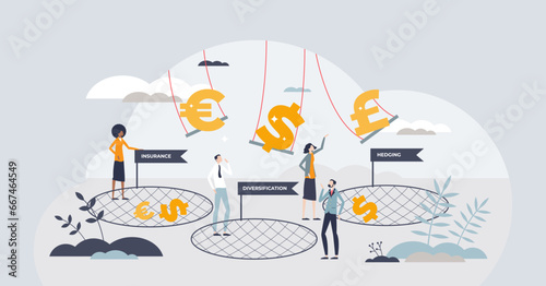 Finance risk management and loss control mechanisms tiny person concept. Insurance, diversification and hedging as company assets protection strategy vector illustration. Financial safety in crisis.