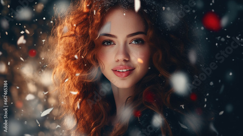 Festive woman portrait, holiday or birthday concept. Red-haired curly pretty smiling young woman and confetti