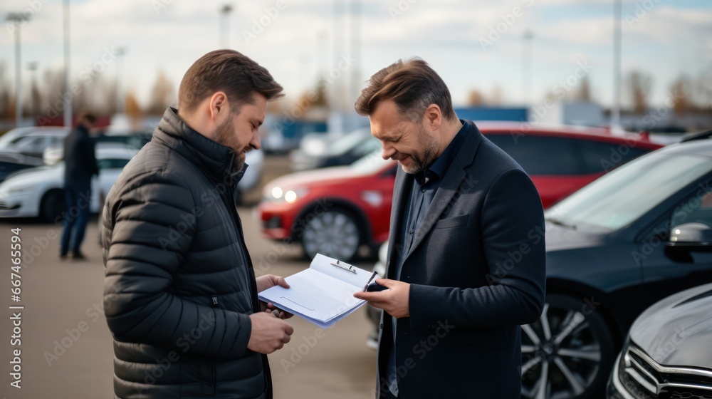 Car insurance, checklist and man writing on documents for compliance