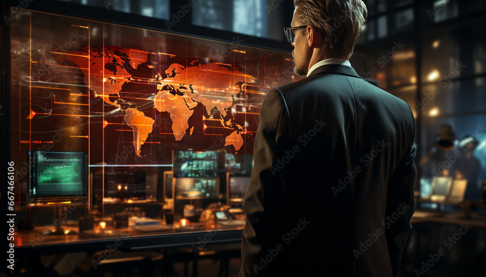 Businessman studies a digital world map interface, indicating global connections and data flow in a modern office setting.