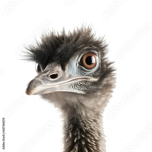 Close up shot of portrait of a emu, facing to camera, isolated on transparent background. 