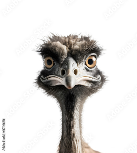 Front view, close up of a emu's head, staring at the camera, isolated on transparent background. 