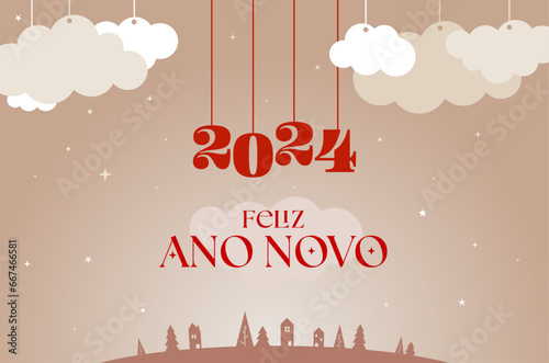 Cartaz alegre de Feliz Ano Novo 2024 em cores marrons, com nuvens e uma cidade ou cidade pequena. Recurso gráfico vetorial tipo cartão. Bandeira ou estandarte