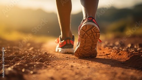 A close-up of the legs of a male runner on a dirt road in nature with sunlight Outdoor trail running training  Start of runner running to success and goal conc