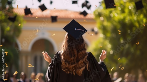 Rear view of the graduates in the graduation commencement ceremony photo