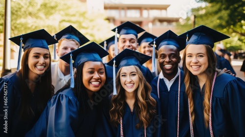Portrait enthusiastic college graduates in cap gown posing diploma